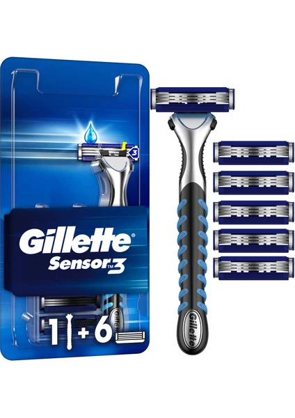 Gillette Sensor3 Tıraş Makinesi - 3 Bıçaklı, Kayganlaştırıcı Bant ve Oynar Başlık ile, 1 Adet + 6 Yedek Bıçak