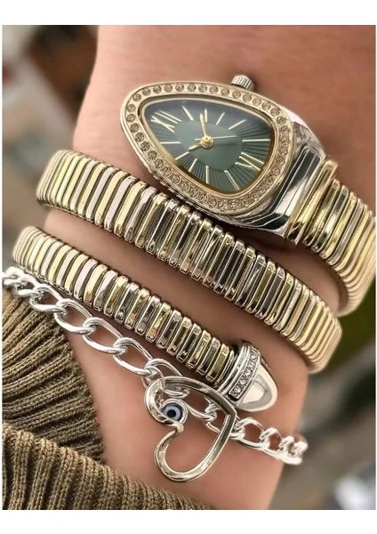 Çelik Gümüş - Gold Renk Yılan Saat